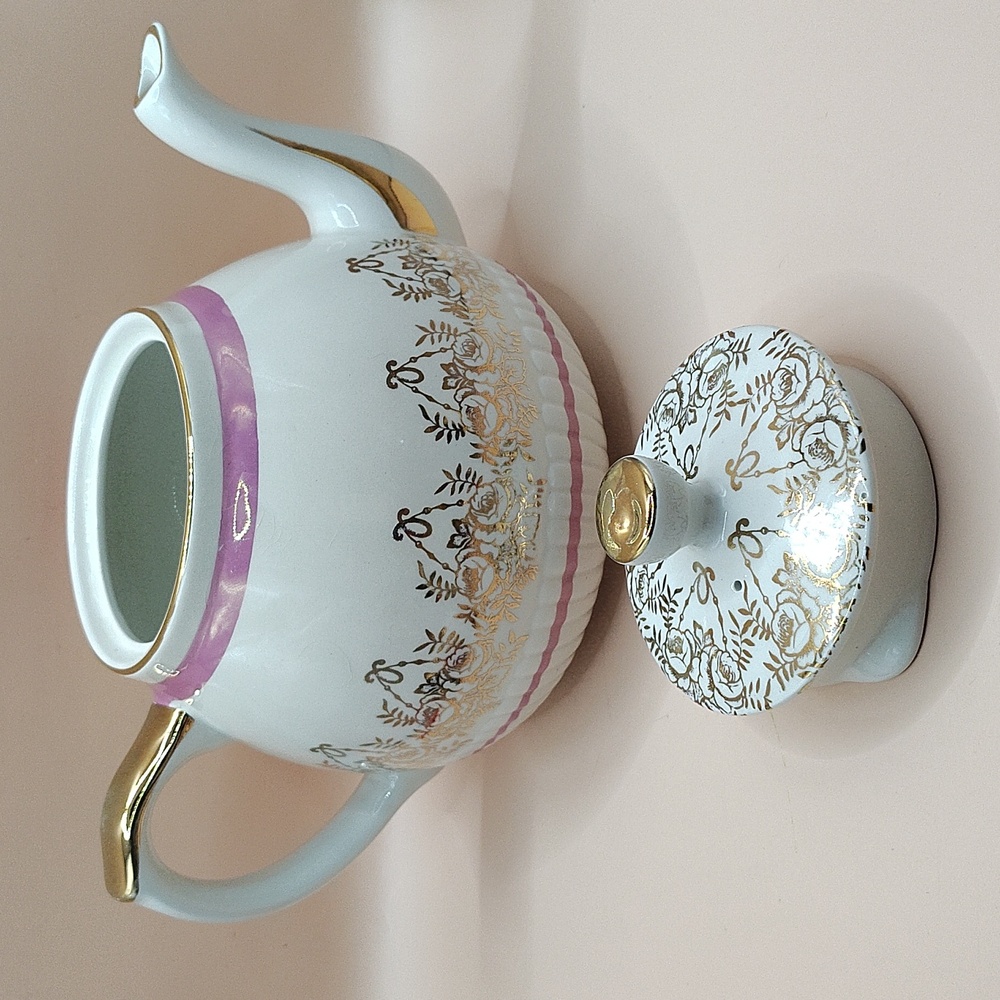 Vintage Wood & Sons Teapot Ellgreave Genuine Ironstone Made in England Pink/Gold - Picture 4 of 7